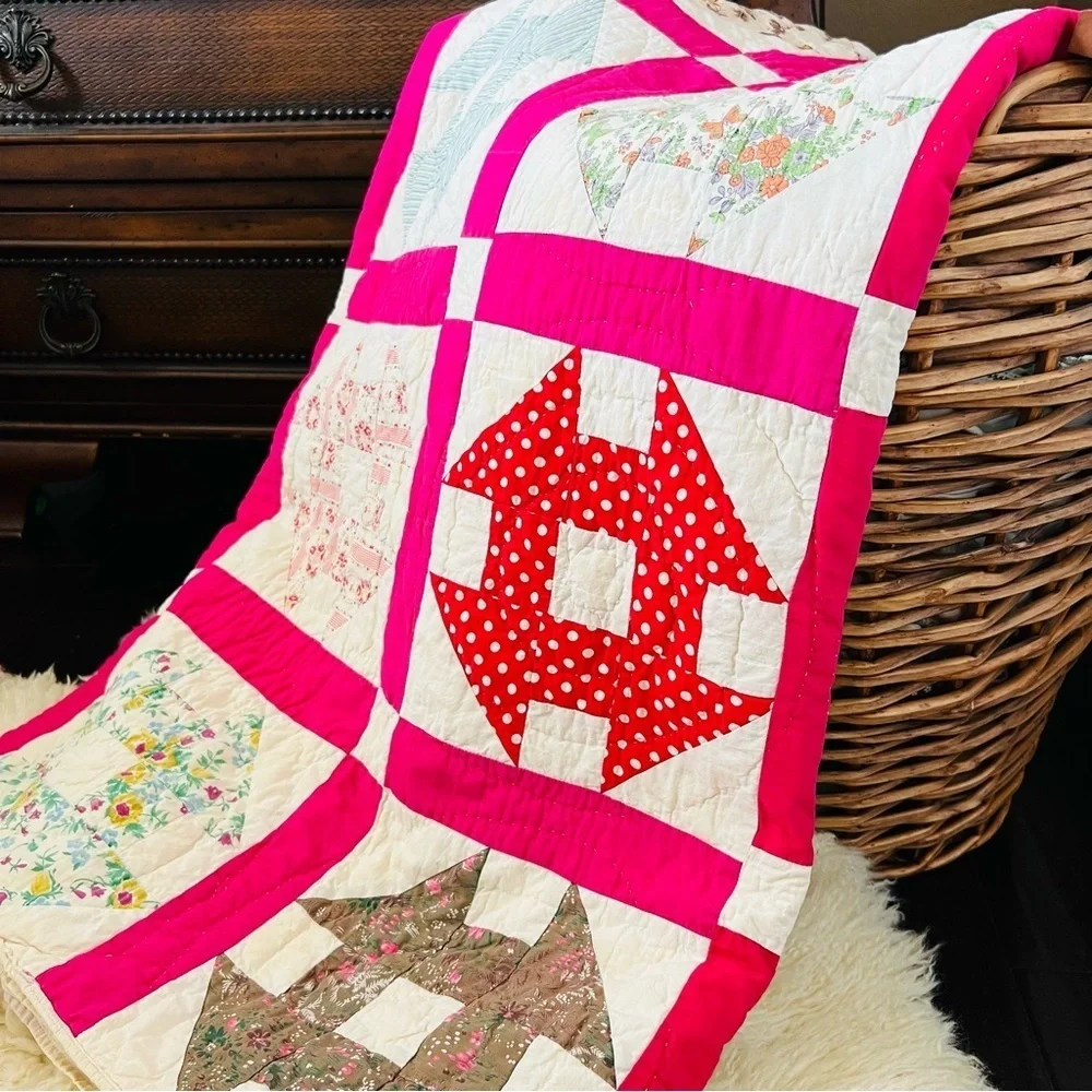 68”x86” Vintage from 1960’s Cotton Handmade and Hand Stitched Quilt.